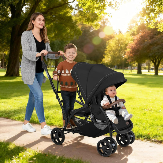 INFANS Sit and Stand Double Stroller, Foldable Tandem with Standing Platform Reclining Backrest, Adjustable Handlebar and Footrest, Storage Basket 5-Point Harnesses, Baby Pushchair for Toddlers