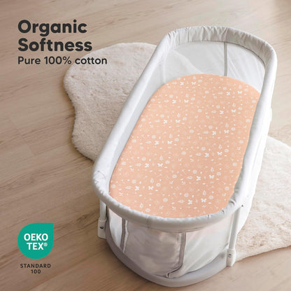 2-Pack Organic Bassinet Sheets for Girls, Boys - 100% Cotton Bassinet Mattress Sheets Compatible with Halo Bassinest Swivel Sleeper, Graco, Baby Delight, Chicco, Unisex Fitted Bassinet Sheets (Elly)