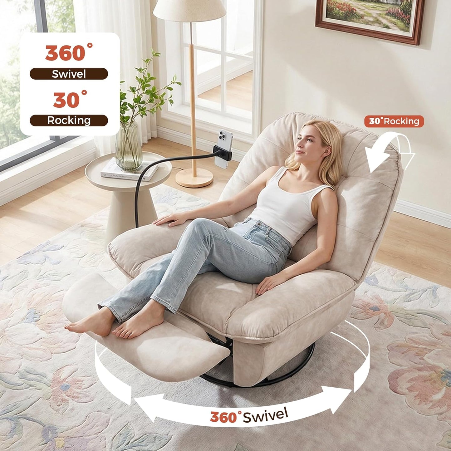 Swivel Rocker Recliner Chair for Adult, Glider Nursery Rocking Chair, Armless Manual Single Recliner Sofa for Living Room, Oversized & Overstuffed, Phone Holder Included, Light Brown Velvet