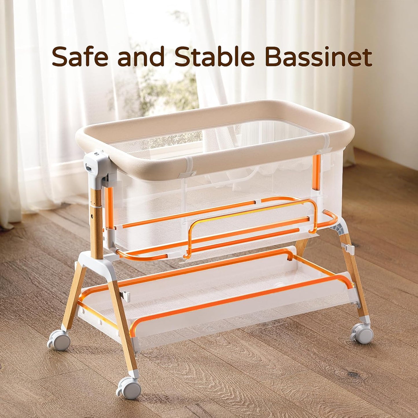 3 in 1 Baby Bassinet Bedside Sleeper,Bedside/Rocking Bassinet for Baby with Waterproof Comfy Mattress and Lockable Wheels,7 Adjustable Height, Easy Folding Portable Crib for Newborn-Khaki