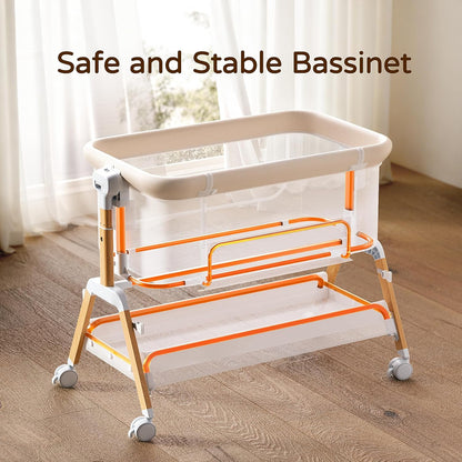 3 in 1 Baby Bassinet Bedside Sleeper,Bedside/Rocking Bassinet for Baby with Waterproof Comfy Mattress and Lockable Wheels,7 Adjustable Height, Easy Folding Portable Crib for Newborn-Khaki