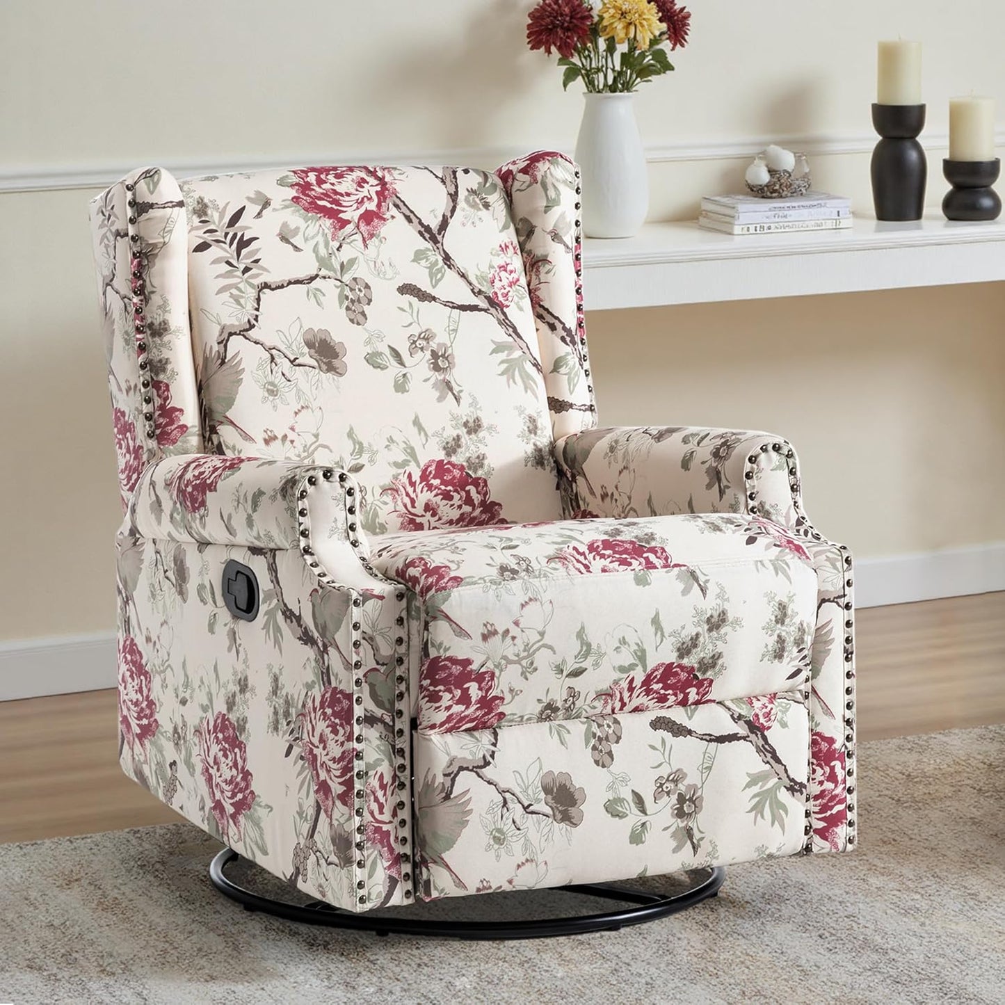 UIXE Swivel Glider Recliner Chair for Adults, High Back Nursery Rocker Floral Upholstered Armchair for Living Room, Manual Reclining Rivet Trim Sofa Lounge with Deep Seat in Fabric - Navy Blue