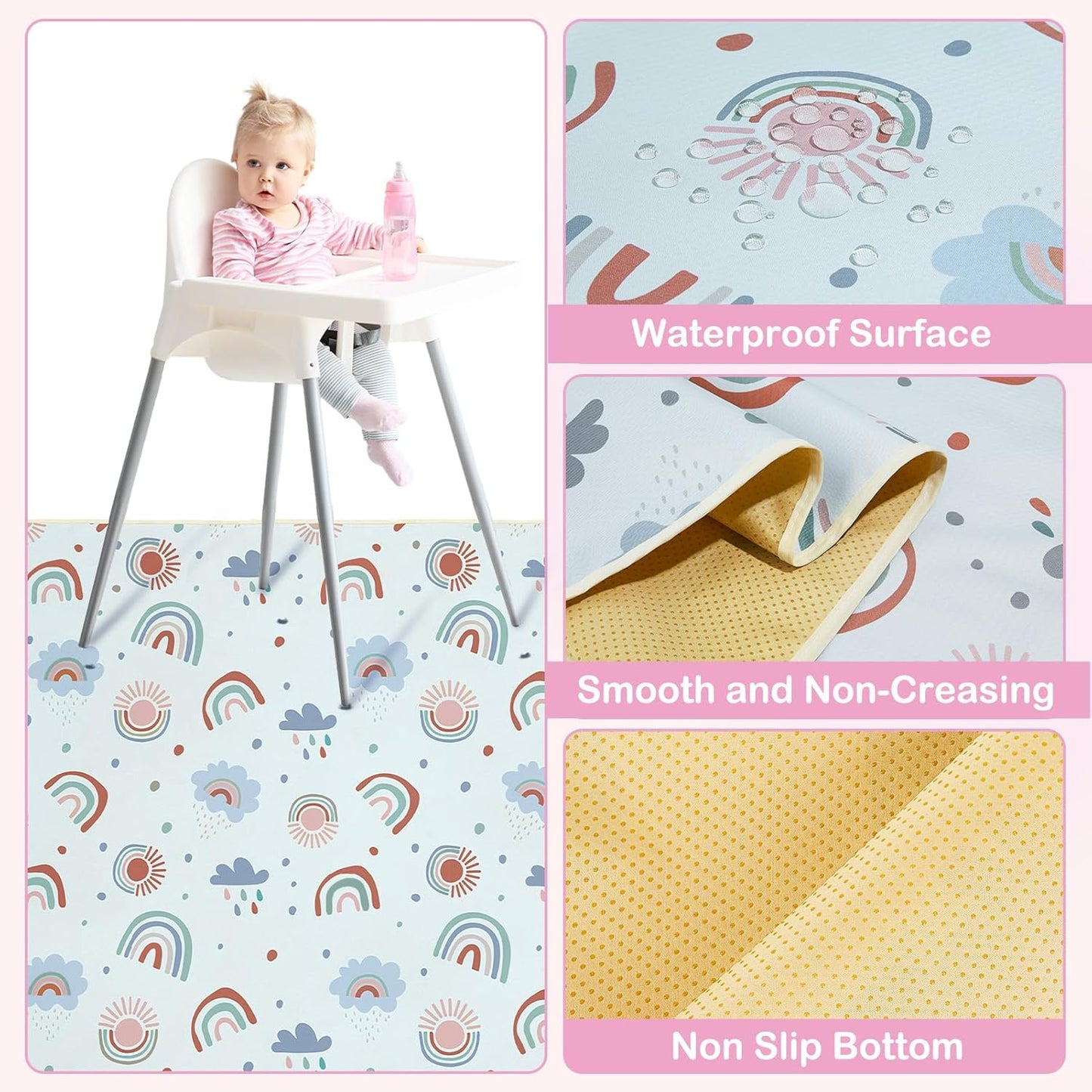 Basumee Splat Mat High Chair Mat Waterproof Baby Play Splat Mat for Under High Chair Food Catcher Highchair Mat for Floor Non Slip Bottom, Pink Rainbow, 46x42 Inches