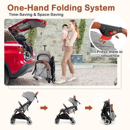 HONEY JOY Travel Stroller, One-Hand Quick Fold Lightweight Umbrella Stroller for Airplane, Wrist Wrap & Net, Multi-Position Recline, Overhead Friendly Compact Stroller for Newborn and Toddler(Gray)