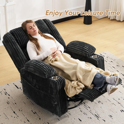 Oversized Power Recliner Chair with Massage and Heat, Swivel Rocker Recliner Chair for Adults with Arm Storage, Nursery Glider Recliner with Adjustable Headrest and Phone Stand, Side Pockets, Beige