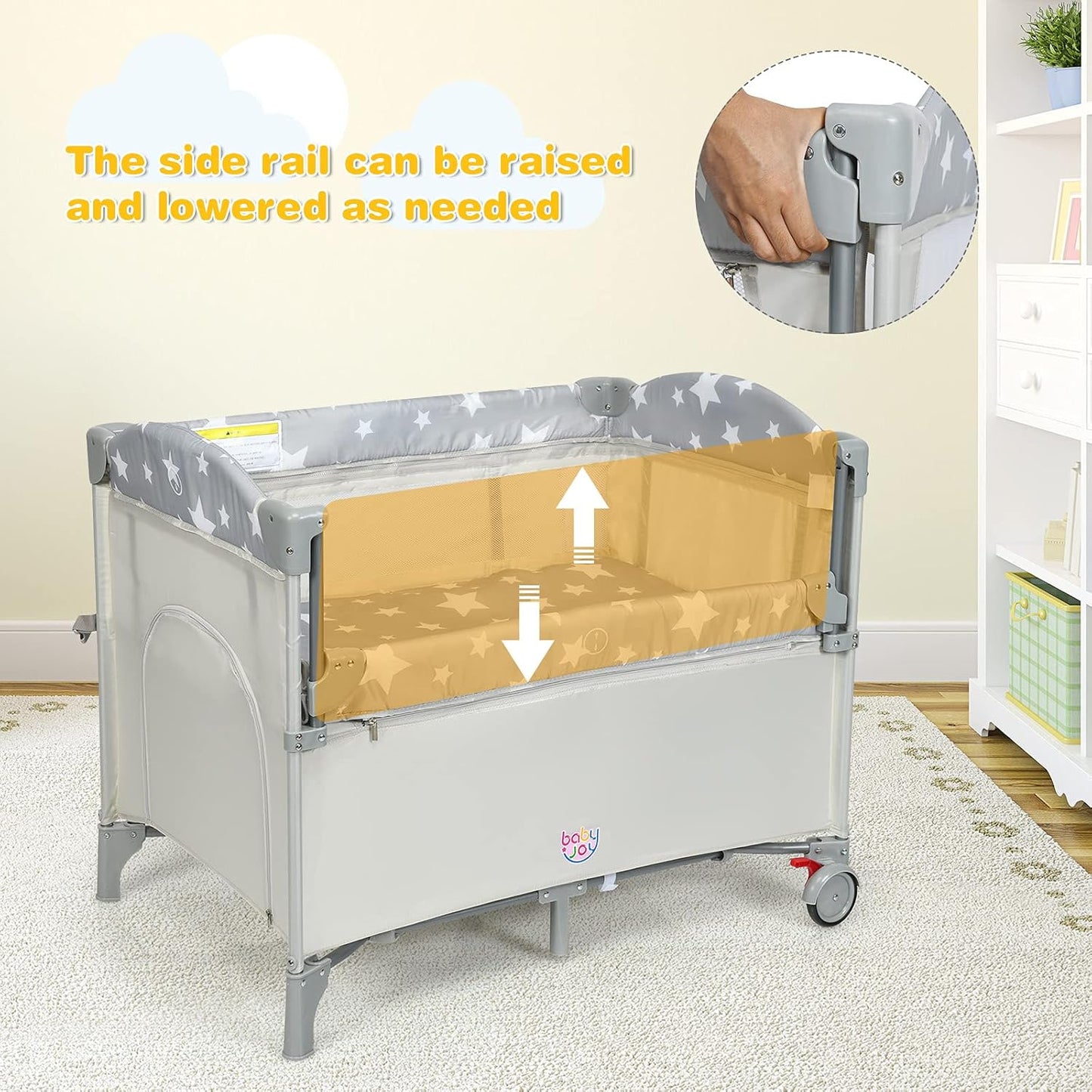 HONEY JOY Pack and Play with Bassinet, 5-in-1 Baby Bedside Sleeper w/Diaper Changing Table & Storage Bag, Toy Arch & Music Box, Detachable Side Rail, Portable Baby Play Yard w/Carry Bag(Gray)