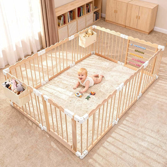 M MEEPO Foldable Baby Playpen, 57 x 57 x 25 in, Adjustable Shape & Size Wooden Baby Playpen with 2-Pack Storage Bags, Nature Pine Wood Play Yard for Infant, Toddler, Safety Lock Door, Build in Toys