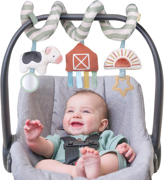 Itzy Ritzy Spiral Car Seat & Stroller Activity Toy - Stroller & Car Seat Toys for Ages 0 Months and Up - Hanging Toys Include Dangling Ring, Mirror and Textured Ribbons (Veggie)