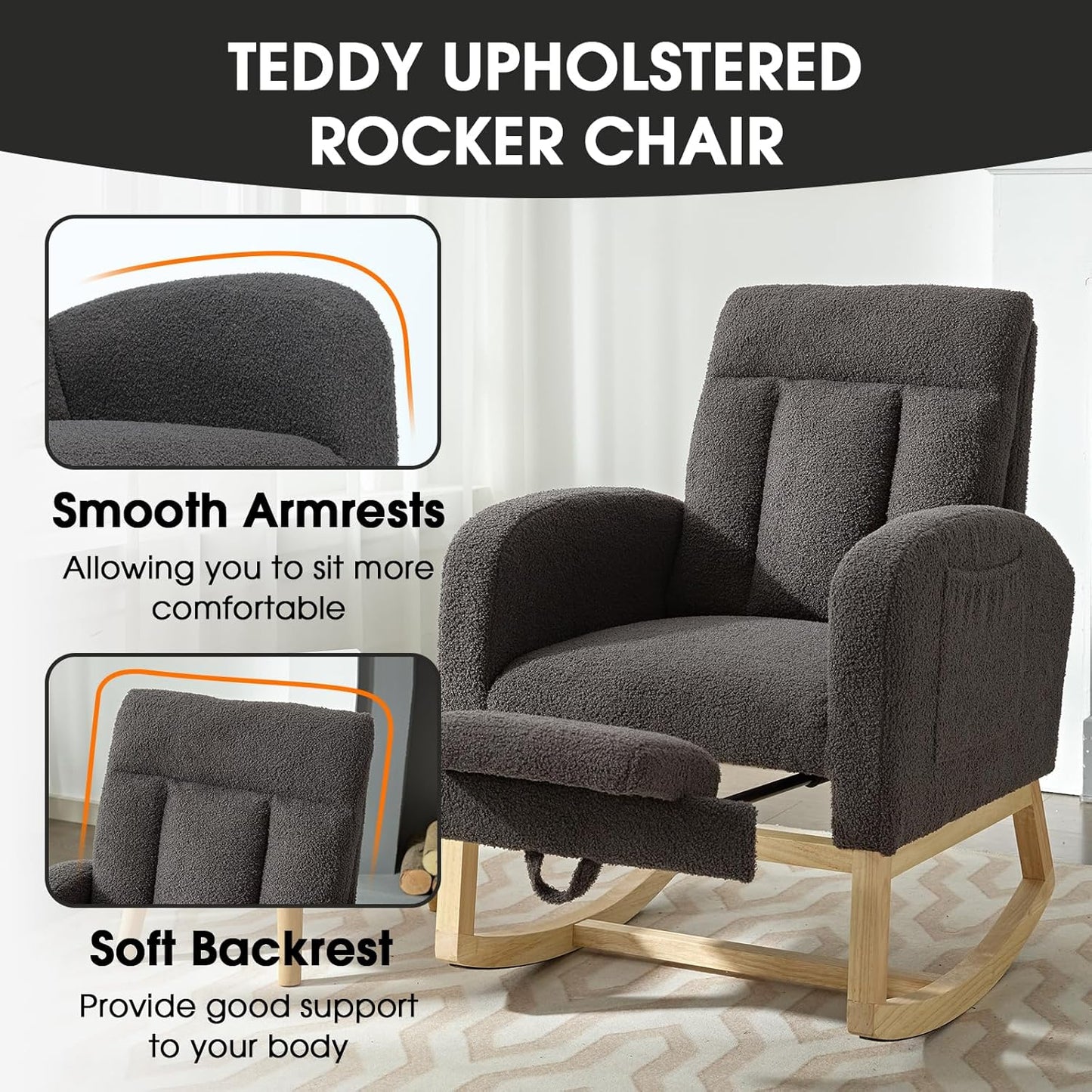 NIOIIKIT Modern Nursery Rocking Chair, Teddy Upholstered Rocking Chair with Footrest, Comfortable Rocker Recliner with Side Pocket, Rocker Glider for Living Room, Bedroom, Nursing Room (Apricot)