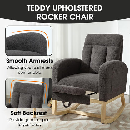 NIOIIKIT Modern Nursery Rocking Chair, Teddy Upholstered Rocking Chair with Footrest, Comfortable Rocker Recliner with Side Pocket, Rocker Glider for Living Room, Bedroom, Nursing Room (Apricot)