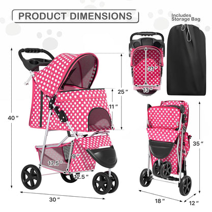 MoNiBloom Foldable Pet Stroller with Weather Cover, 3 Wheels Pet Strolling Cart for Small/Medium Dogs and Cats with Storage Basket and Cup Holder, Breathable and Visible Mesh for All-Season, Black