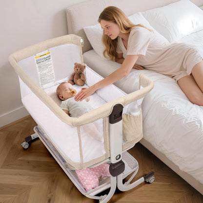 MOMFANN Baby Bassinet Bedside Sleeper, Upgraded Stability Bedside Crib with Full Mesh Sides, Soft Sheet, 6-Height Adjustment, Storage Basket, Easy Folding Portable Bassinet for Newborns, Gray