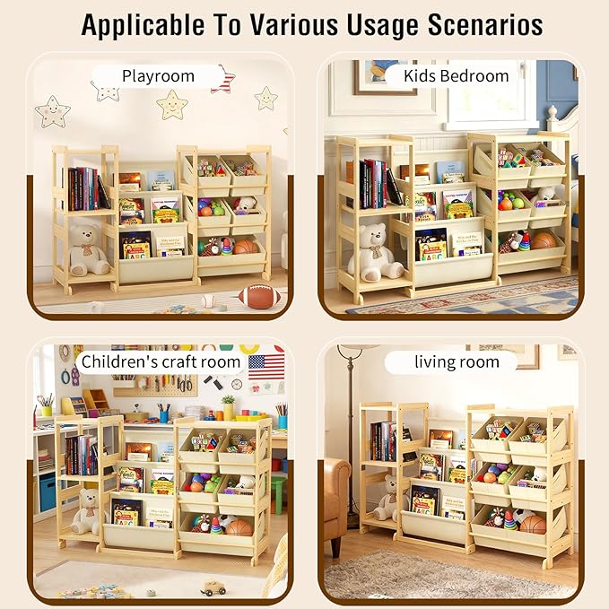 Kids Bookshelf and Toy Storage Organizer with 3-Tier Book Display and Shelves, Kids Toy Organizers and Storage with Bins, Book Shelf for Kids Rooms, Playroom Decor for Toddler Bedroom Nursery