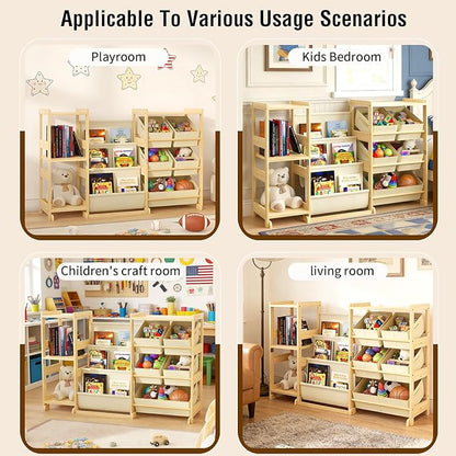 Kids Bookshelf and Toy Storage Organizer with 3-Tier Book Display and Shelves, Kids Toy Organizers and Storage with Bins, Book Shelf for Kids Rooms, Playroom Decor for Toddler Bedroom Nursery