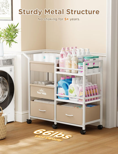 Twinkoo 2-in-1 Baby Diaper Caddy Organizer, 3 Tier Rolling Storage Cart with Dividers and Drawers, Baby Essentials for Nursery Storage, Mobile Utility Cart with Wheels Large Capacity Easy to Assemble
