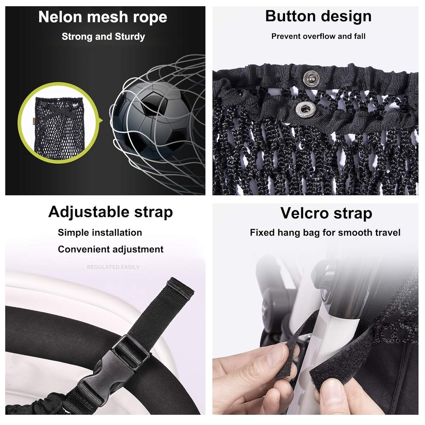 Universal Baby Stroller Organizer Polyester Net Mesh Storage Bag with Extra Large Storage Space, Non-Slip and Adjustable Stroller Accessories for Carrying Diaper Toys and Snacks (Black)
