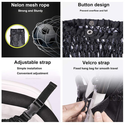 Universal Baby Stroller Organizer Polyester Net Mesh Storage Bag with Extra Large Storage Space, Non-Slip and Adjustable Stroller Accessories for Carrying Diaper Toys and Snacks (Black)