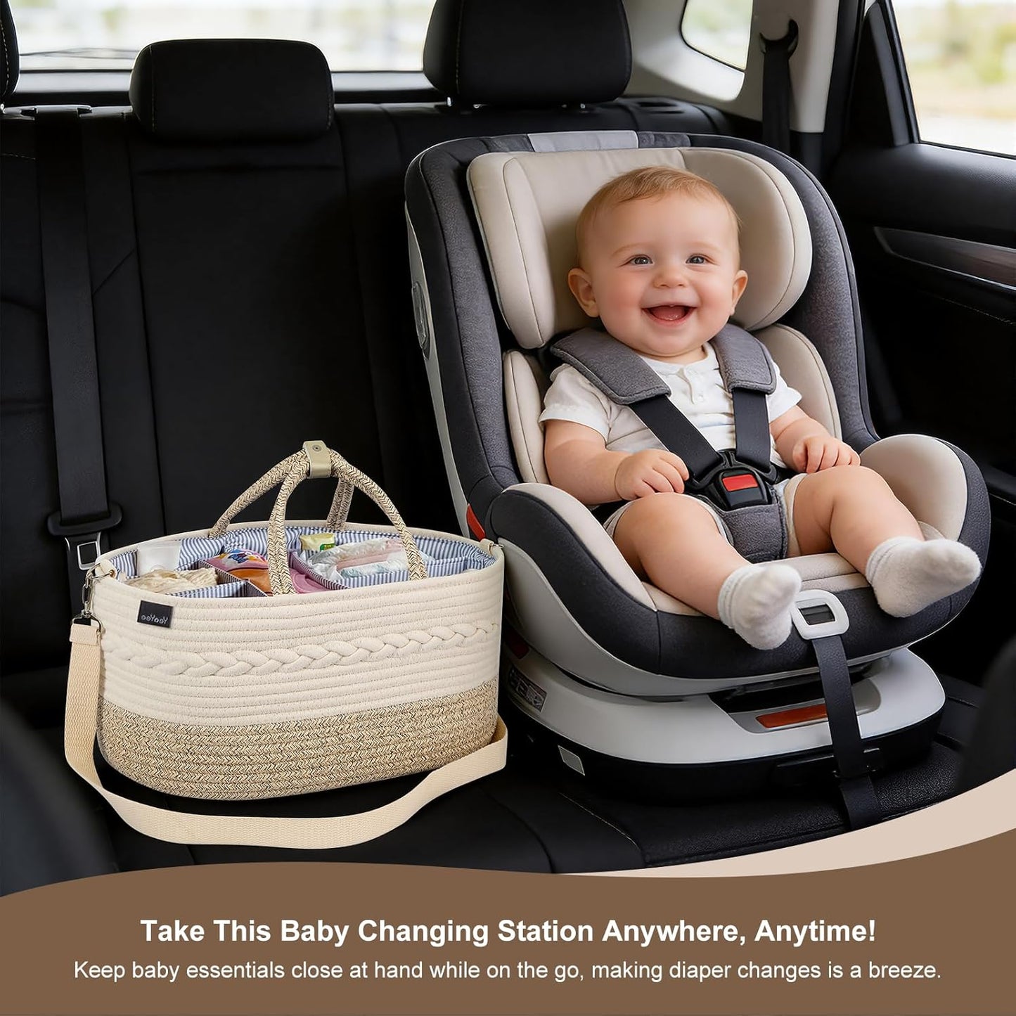 Baby Diaper Caddy Organizer, Portable Nursery Storage Basket with Changeable Compartments, 100% Cotton Woven Rope Baskets, Car & Changing Table Tote, Newborn Gift