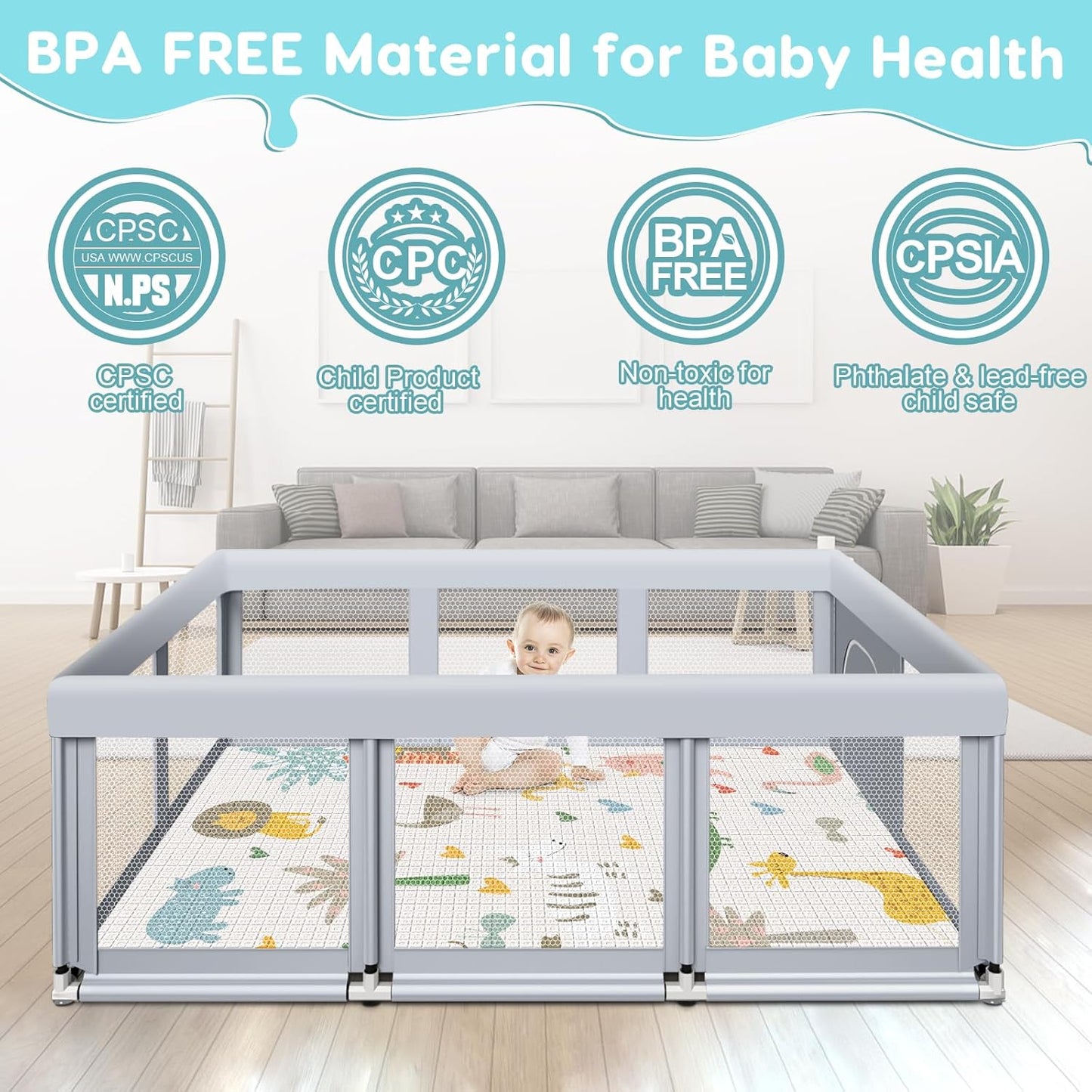 Fshibila 74" ×50" Large Baby Playpen, Baby Playard for Babies and Toddlers, Baby Fence Play Pens for Indoor & Outdoor, Sturdy Safety Play Yard with Soft Breathable Mesh, Anti-Fall, Grey