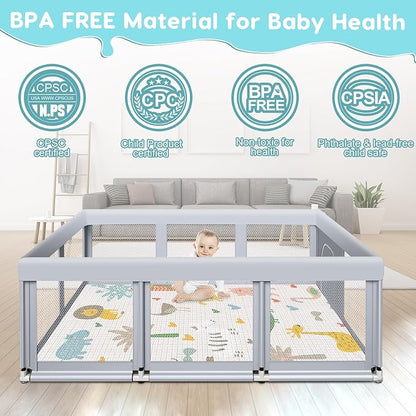 Fshibila 74" ×50" Large Baby Playpen, Baby Playard for Babies and Toddlers, Play Pens for Indoor & Outdoor, Sturdy Safety Play Yard with Soft Breathable Mesh, Anti-Fall, Grey (with MAT)