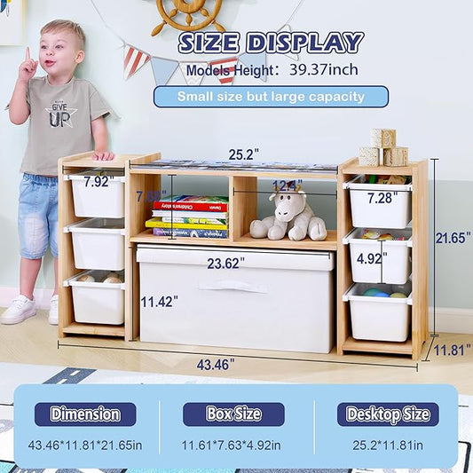 MallBest Montessori Shelf for Kids - 100% Solid Pine Wood with 6 Removable Plastic Bins, Toy Storage Organizer Cabinet for Playroom, Bedroom & Nursery (Natural)