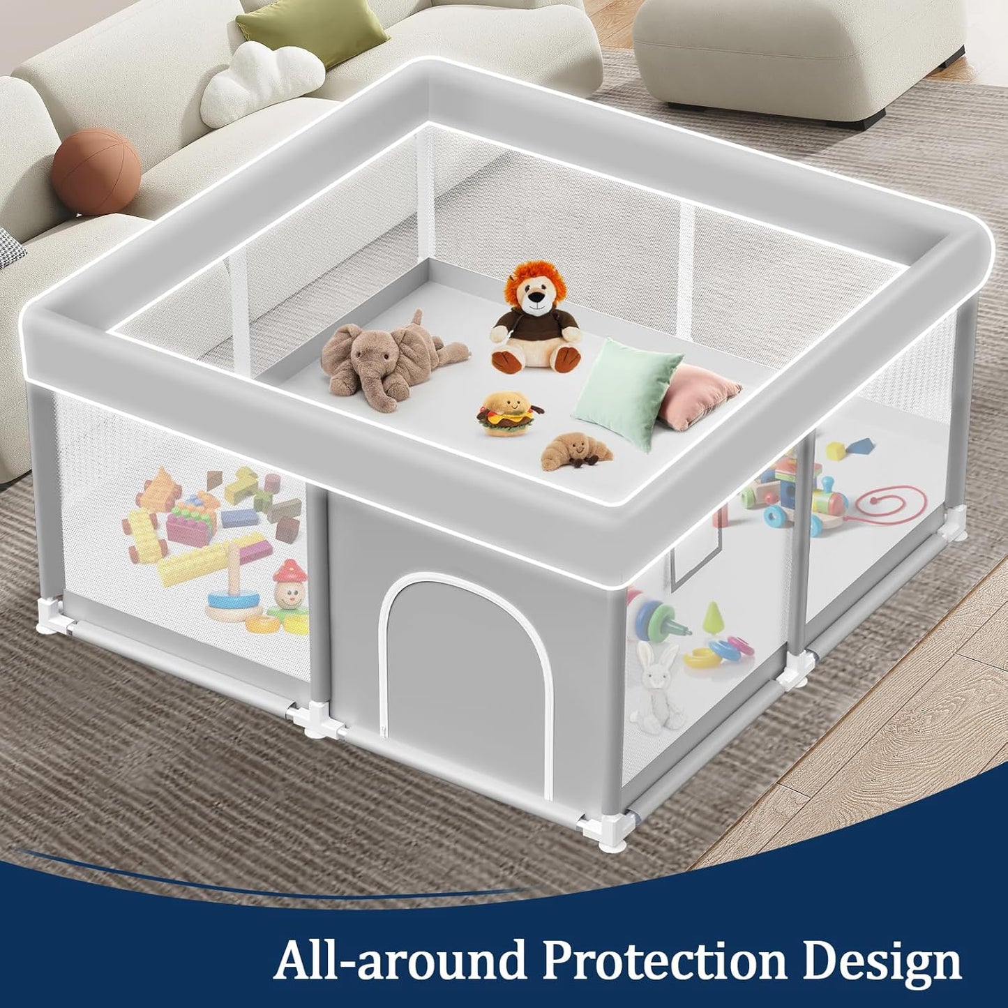 Baby Playpen with Mat, 50x50 Inch Playpen with Mat Waterproof for Babies and Toddlers Play Pen Playards Safety Gate Fence Active Center Indoor