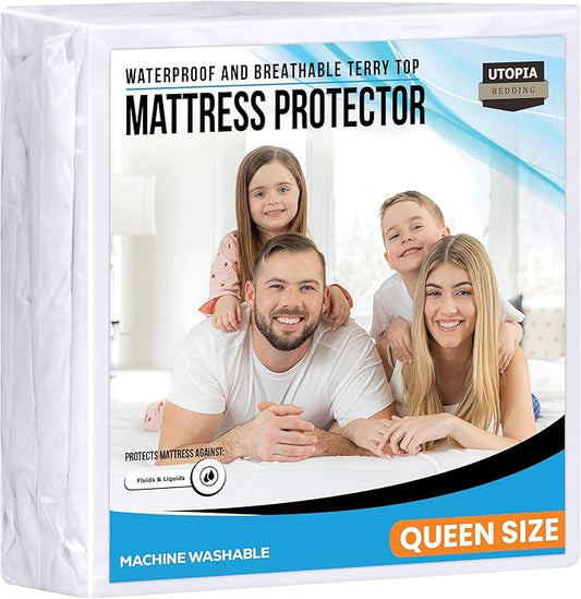 Queen Size Mattress Protector Waterproof, Premium 200 GSM Terry Mattress Cover, Soft & Breathable Bed Cover, Fitted Sheet Style Stretchable Deep Pockets 17" by Utopia Bedding (White)