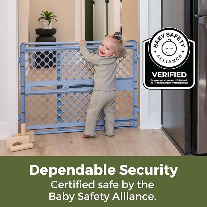 Toddleroo by North States - Renew 100% Recycled Plastic Baby Gate for Doorway; Sturdy for Indoor & Outdoor Use: Pressure Mounted, No Drill Gate; Made in USA; 26" to 42" Wide, 26" Tall Slate Blue