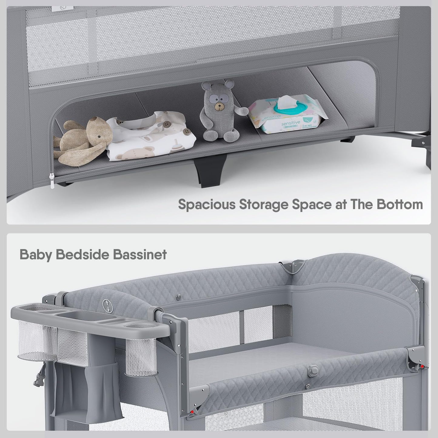 Obee Odee 4 in 1 Baby Bassinet, Pack and Play, Bedside Crib Sleeper, Diaper Changer - Comes with Mattress, Mosquito Net, Bottom Storage and Toy Bar for Newborn to Toddles