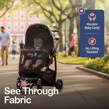 Stroller Sun Shade Extender – Universal Clip-On Baby Stroller Sun Shade Cover, UV Protection, Breathable See-Through Mesh, Adjustable Fit, Large Black