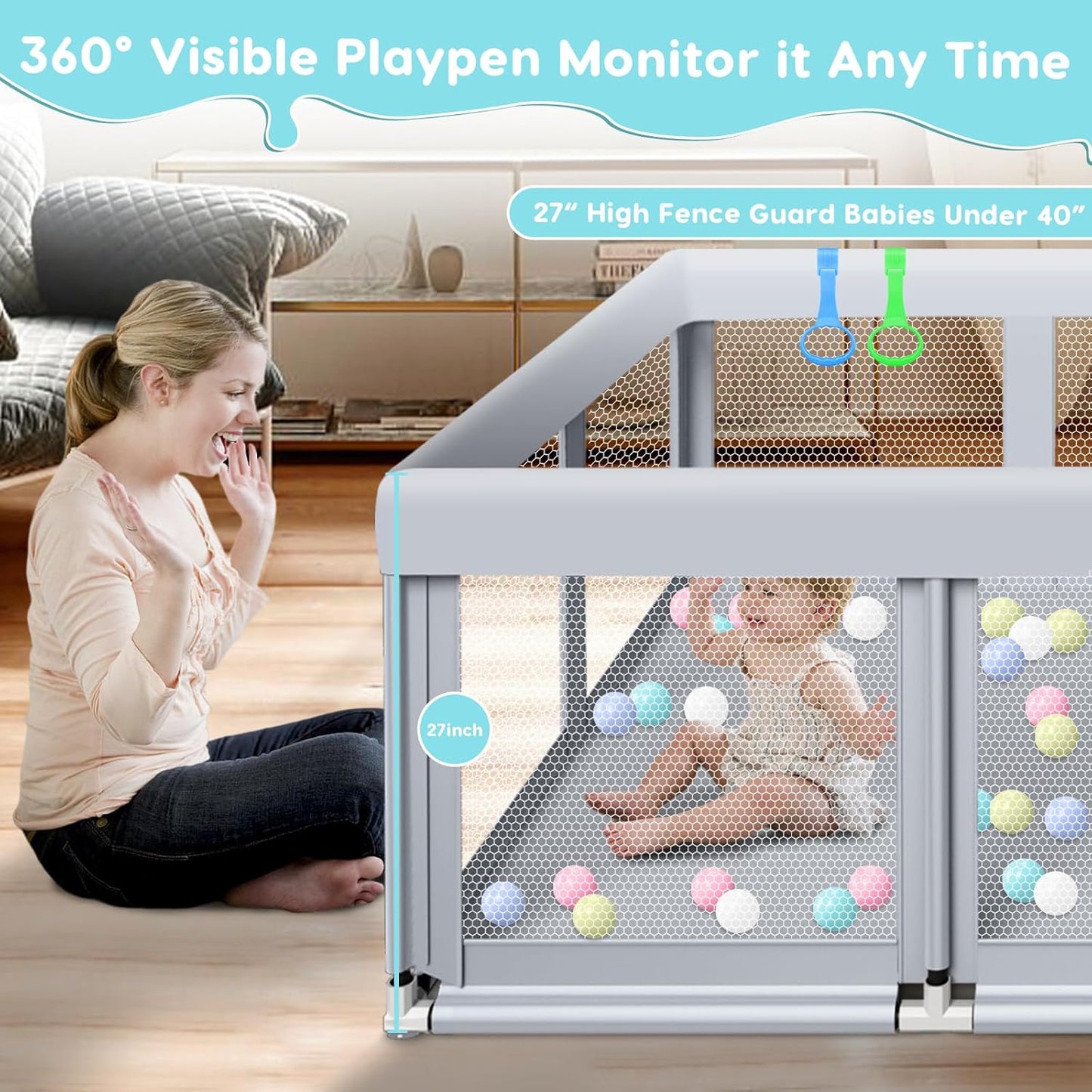 Fshibila 74" ×50" Large Baby Playpen, Baby Playard for Babies and Toddlers, Baby Fence Play Pens for Indoor & Outdoor, Sturdy Safety Play Yard with Soft Breathable Mesh, Anti-Fall, Grey