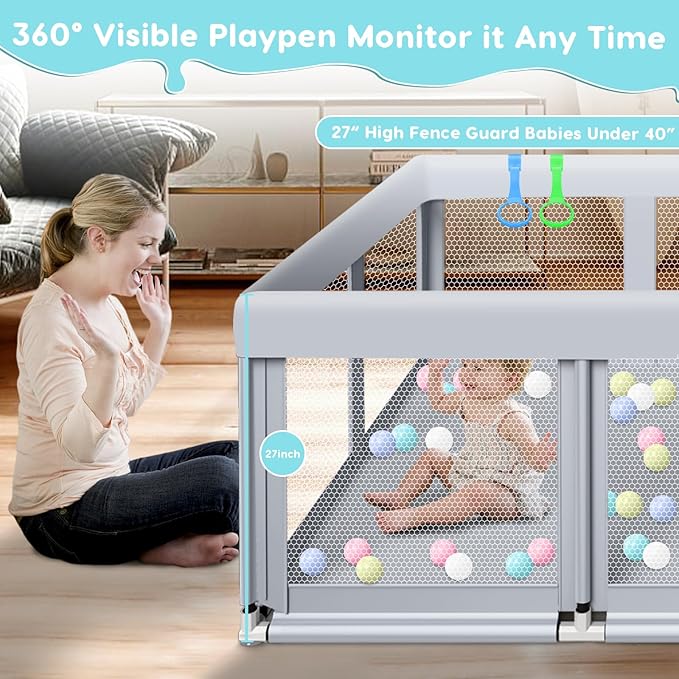 Fshibila 74" ×50" Large Baby Playpen, Baby Playard for Babies and Toddlers, PlayPen for Indoor & Outdoor, Sturdy Safety Play Yard with Soft Breathable Mesh, Anti-Fall, Ball x 18, Handle x 2, Grey