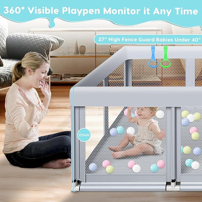 Fshibila 74" ×50" Large Baby Playpen, Baby Playard for Babies and Toddlers, PlayPen for Indoor & Outdoor, Sturdy Safety Play Yard with Soft Breathable Mesh, Anti-Fall, Ball x 18, Handle x 2, Grey