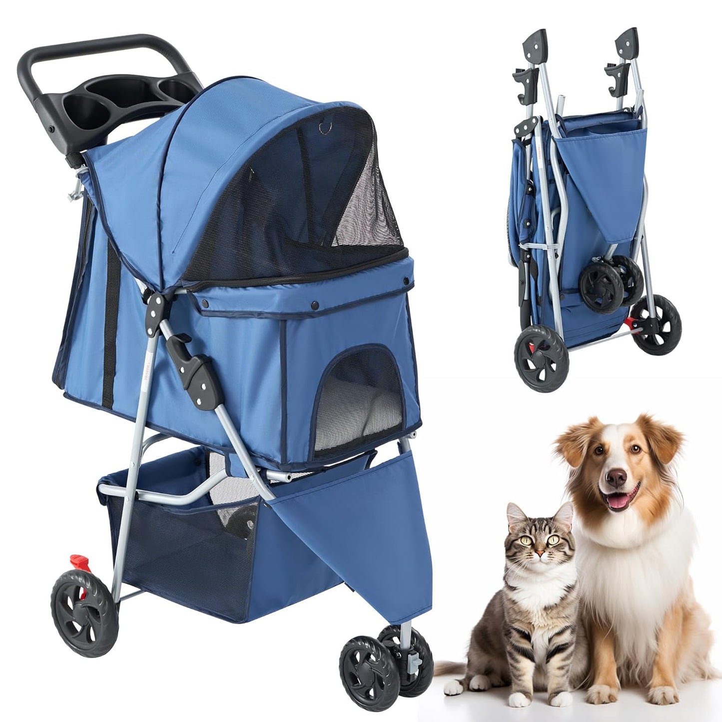 Sweetcrispy 3 Wheels Pet Stroller for Small Dogs and Cats – Foldable Dog Stroller with Mesh Windows, Storage Basket & Cup Holder, Lightweight & Durable Pet Carrier for Travel, Outdoor Use, Blue