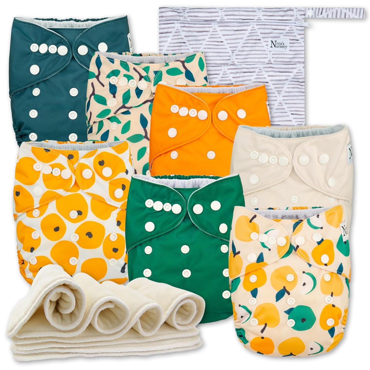 Nora's Nursery Cloth Diapers 7 Pack with 7 Inserts & 1 Wet Bag - Waterproof Cover, Washable, Reusable & One Size Adjustable Pocket Diapers for Newborns and Toddlers - Cali Coastal