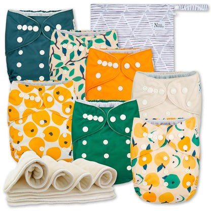 Nora's Nursery Cloth Diapers 7 Pack with 7 Inserts & 1 Wet Bag - Waterproof Cover, Washable, Reusable & One Size Adjustable Pocket Diapers for Newborns and Toddlers - Cali Coastal