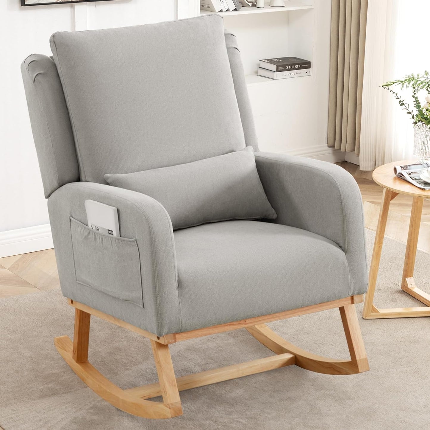 HCHAIRH Rocking Chair Nursery, Sherpa Nursing Rocking Chairs, Upholstered Nursery Glider Rocker for Mom Nursery Morden Accent Rocking Chair Pillow for Living Room,Bedroom,Teddy Light Grey