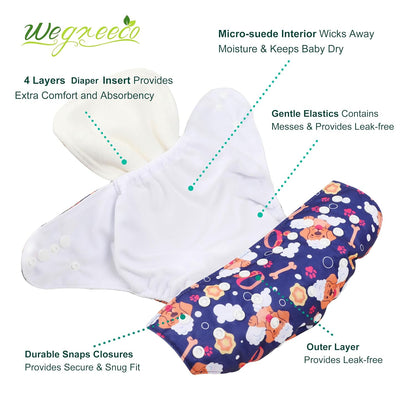wegreeco Cloth Diapers 6 Pack with 6 Inserts & 1 Wet Bag, Washable Cloth Diapers for Babies, One Size Adjustable Reusable (Flower)