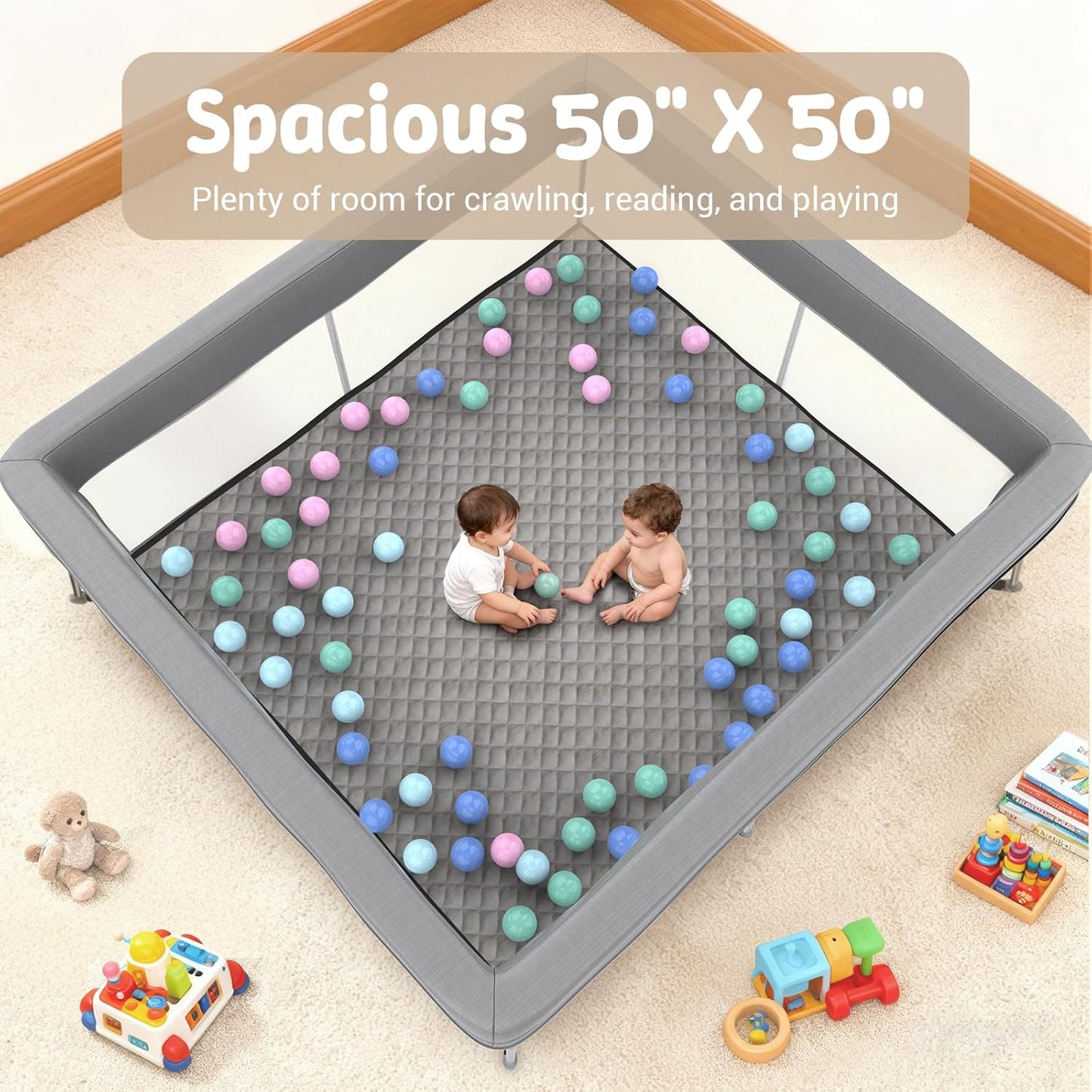 Foldable Baby Playpen, 50"×50" Collapsible Play Yard for Babies and Toddlers, No Assembly Required, Kids Safety Play Area with 4 Handles, 50 Balls and Visible Mesh, Black