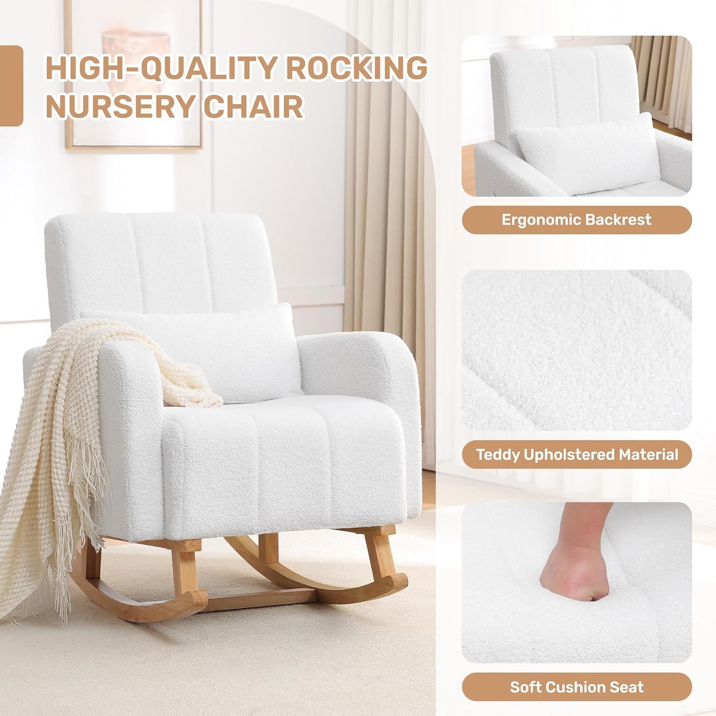 HCHAIRH Nursery Rocking Chair with Ottoman, Upholstered Glider Rocker with High Backrest Side Pocket, Rocking Accent Armchair with Solid Wood Legs for Nursery, Living Room, Bedroom, Light Grey