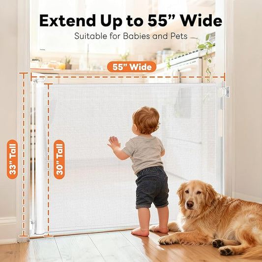 (2 Pack) Retractable Baby Gates for Doorways, Mesh Dog Gate for Stairs, Pet Gate Indoor, Extends to 55" Wide 33" Tall, Safety Toddlers Gates for Hallways, Indoor & Outdoor Use, White