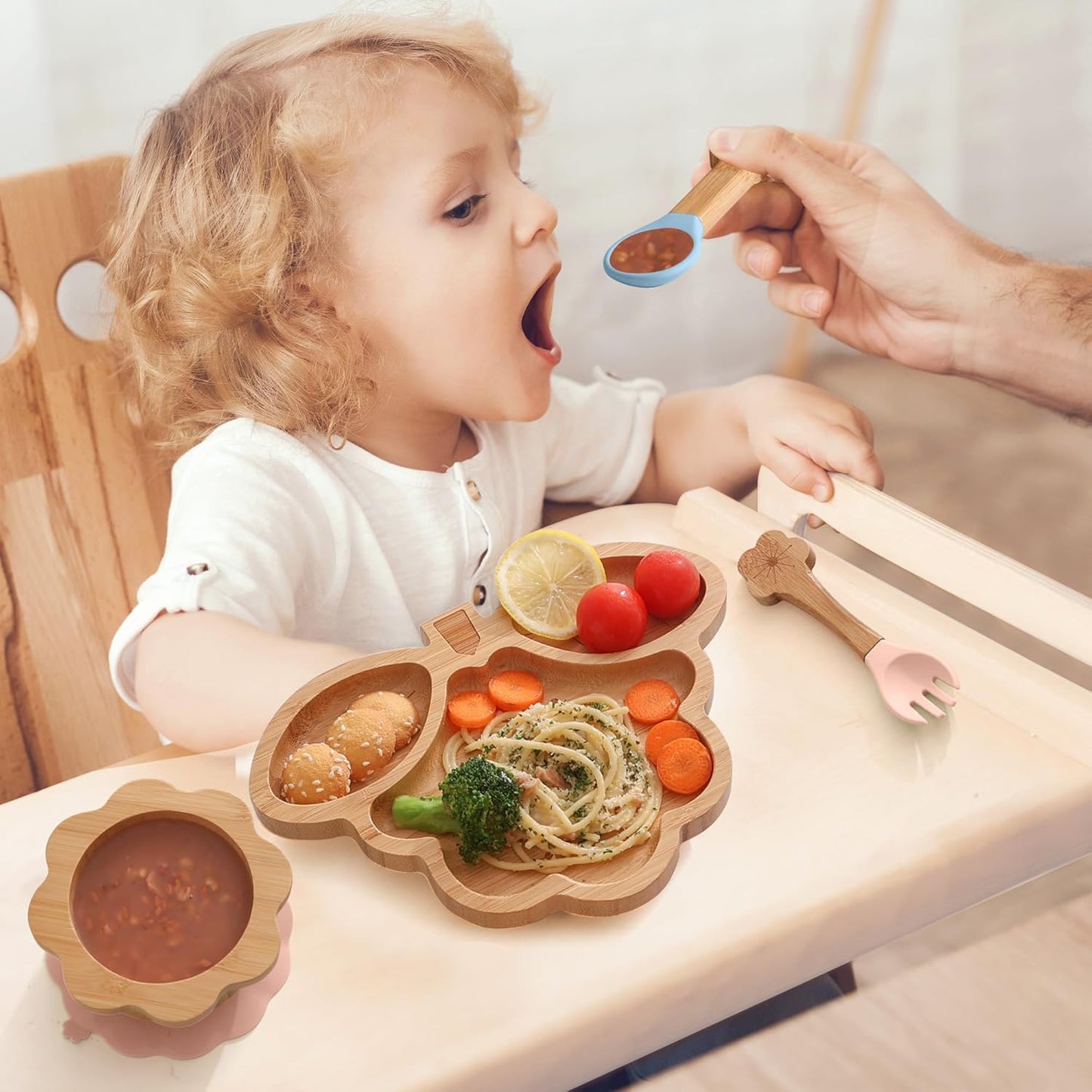 Bamboo Suction Plates Bowls Set for Baby Toddler - Includes Bamboo Bowl, Divided Plate, Silicone Fork & Spoon, All-Natural Baby Feeding Set for Baby-Led Weaning