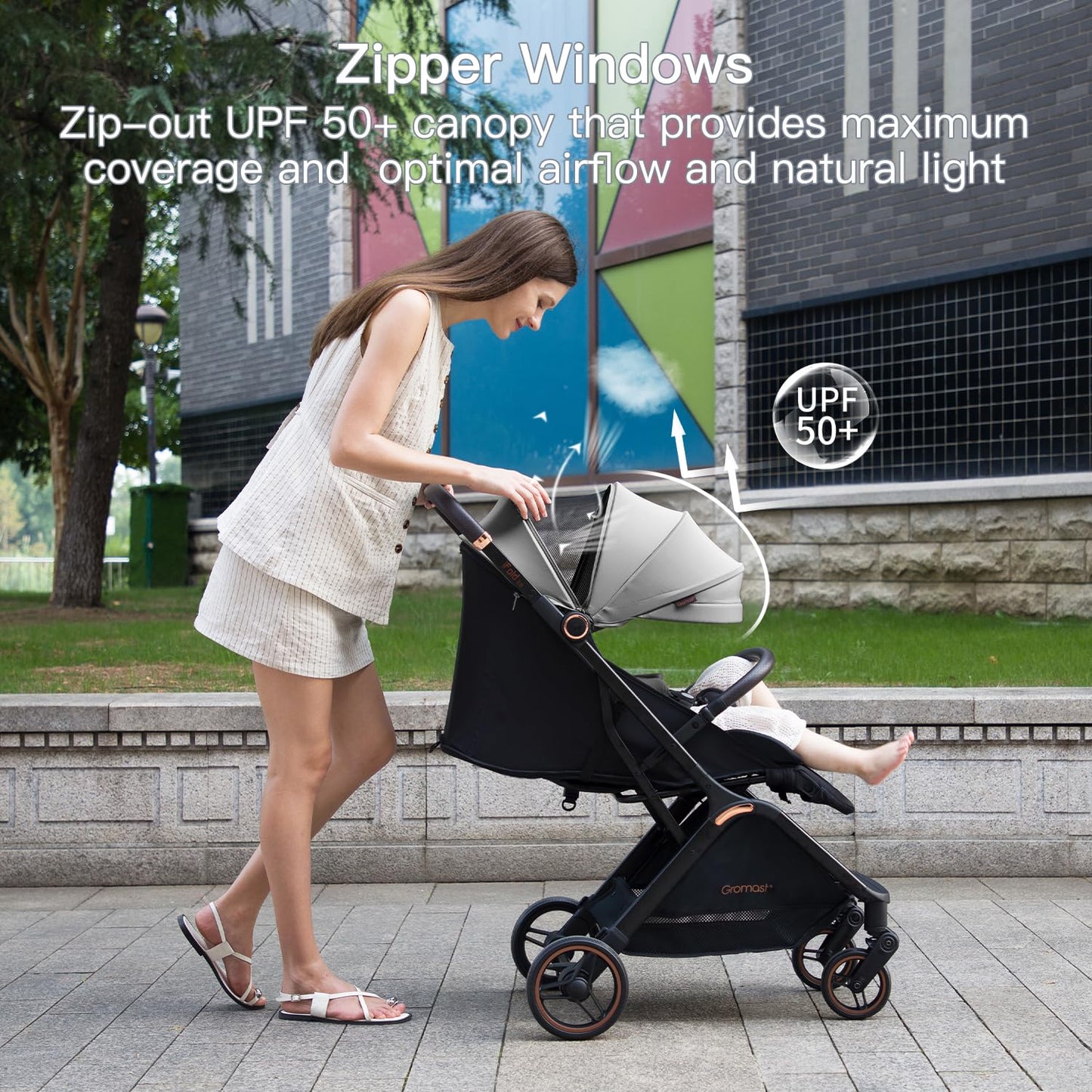 Gromast Gravity Folding Baby Stroller - Portable Travel Toddler Stroller w/Adjustable Backrest, Canopy & Cup Holder, Lightweight and UV Protected, One-Hand Automatic Folding - Green