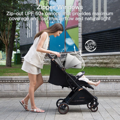 Gromast Gravity Folding Baby Stroller - Portable Travel Toddler Stroller w/Adjustable Backrest, Canopy & Cup Holder, Lightweight and UV Protected, One-Hand Automatic Folding - Green