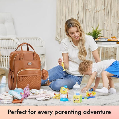 Dikaslon Leather Diaper Bag Backpack with Portable Changing Pad, Pacifier Case and Stroller Straps, Large Unisex Baby Bags for Boys Girls, Multipurpose Travel Back Pack for Moms Dads, Dark Brown