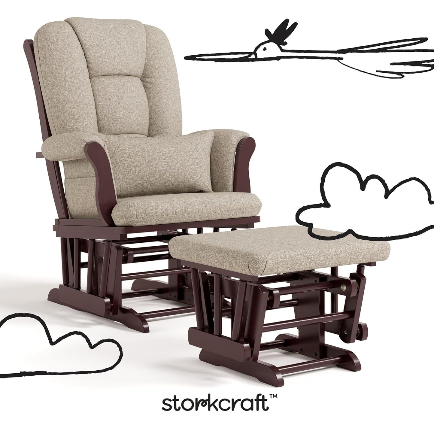 Storkcraft Tuscany Glider with Ottoman (Black/Gray) — GREENGUARD Gold Certified, Bonus Lumbar Cushion Included, Solid Wood Base, Smooth Motion, Award-Winning Nursery Rocking Chair, Glider and Ottoman