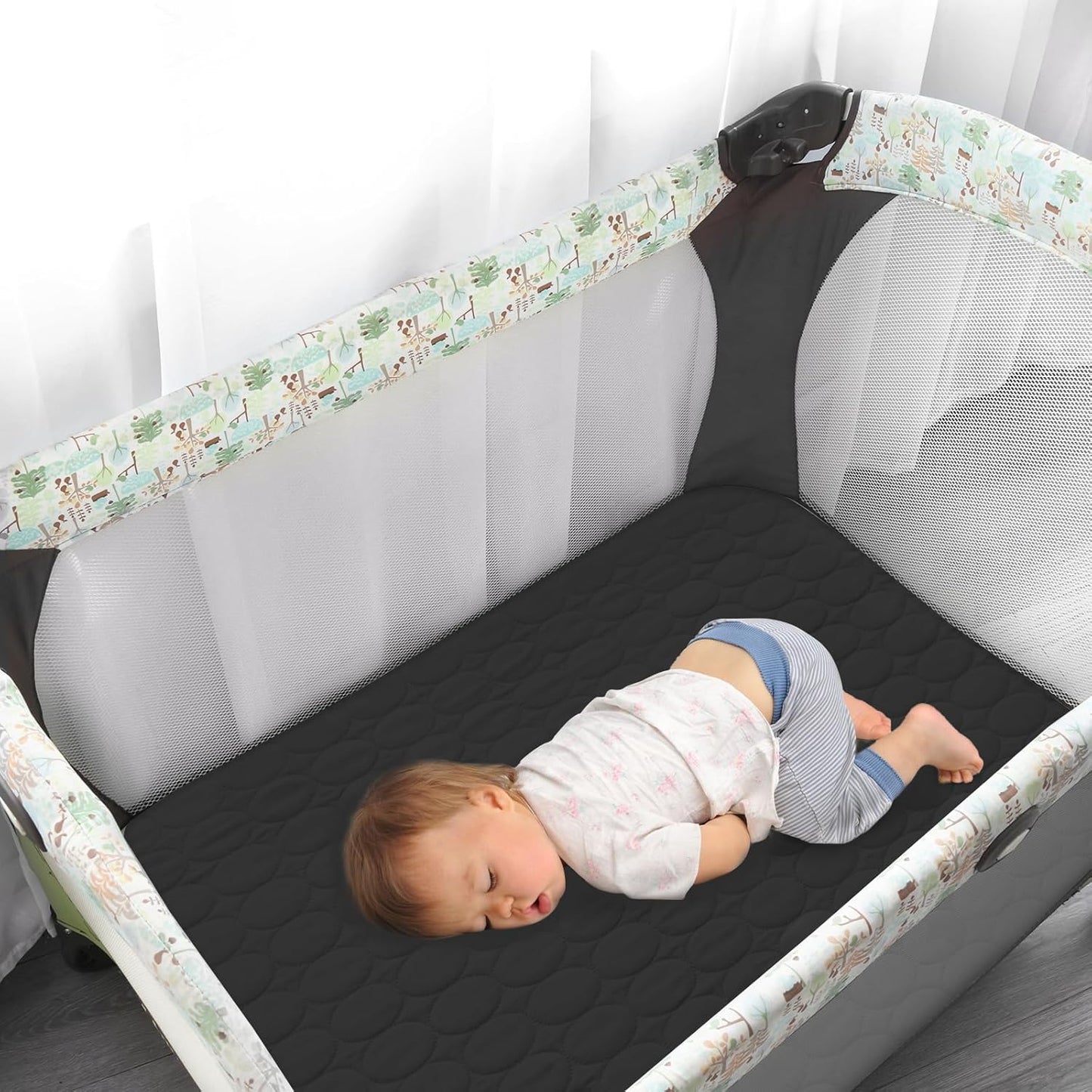Pack and Play Sheets Fitted Quilted Waterproof Protector, 2 Pack Playard Mattress Pad Compatible with Graco Pack n Play, Mattress Cover fits for Baby Playpen Mattress, Mini Crib, Gray & Navy Blue