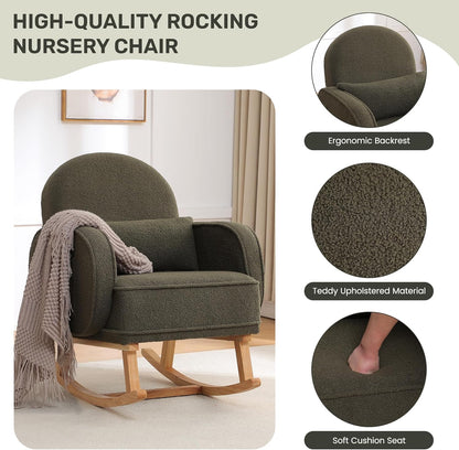 HCHAIRH Nursery Rocking Chair with Ottoman, Upholstered Glider Rocker with High Backrest Side Pocket, Rocking Accent Armchair with Solid Wood Legs for Nursery, Living Room, Bedroom, Light Grey