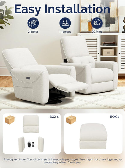 KINGYES Power Recliner Chair, 270° Swivel Glider, Living Room Recliner with USB-C Port, Nursery Rocking Chair, Gray