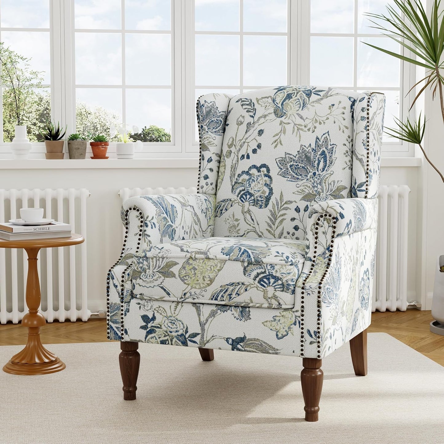 Swivel Rocker Recliner Chair, Manual Nursery Glider Recliner, Floral Fabric Wingback Accent Chair with Adjustable Backrest & Footrest for Small Spaces Living Room Bedroom (Plants Floral, Set of 1)